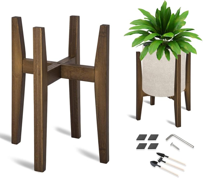 Adjustable Plant Stand, Bamboo Mid Century Modern Indoor Plants Stands, Corner Flower Holder for Living Room, Fits 8 to 12 Inches Pots, (Pot & Plant Not Included)(Walnut, 1 Pack)