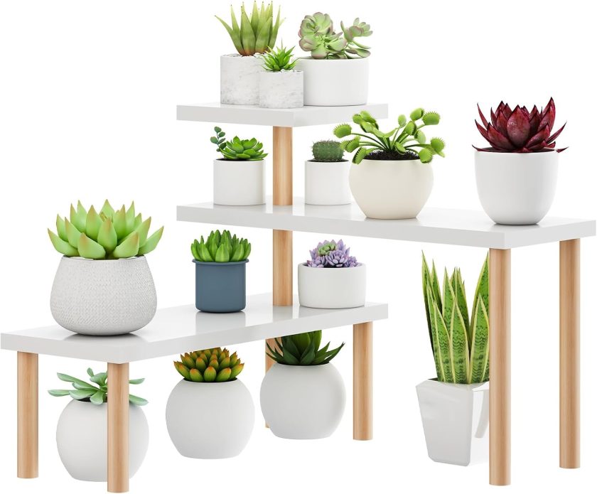 Small Plant Stand Shelf,3 Tiers Wood Long Desktop Flower Pot Holder Racks for Window Sill,Table,Countertop Organizer Display Stand Shelves (Angle Adjustable,White)