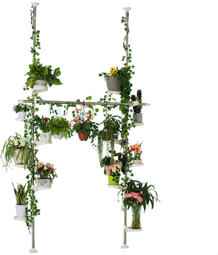 Indoor Plant Stands Spring Double Tension Pole Metal Flower Display Rack Space Saver Corner Floral Pot Storage Shelf with 12 Trays, 2 Hooks & 1 Telescopic Rod for Clothes Drying Hanger, Ivory
