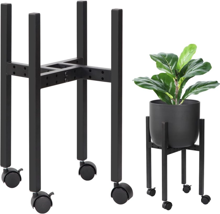 Metal flower pots, flower racks, plant storage containers, with wheels that can be moved, suitable for gardening, home gardens, terraces, etc (Black, 1pcs)