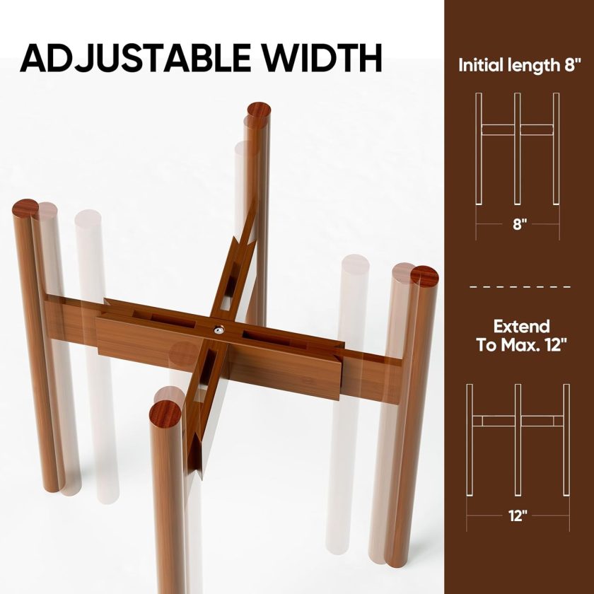 Adjustable Plant Stand for Indoor, Bamboo Plant Stand for 8 9 10 11 12 Inches Pot, Single Tier Flower and Planter Holder Floor Stand, Pot Not Included, Dark Brown - Image 2