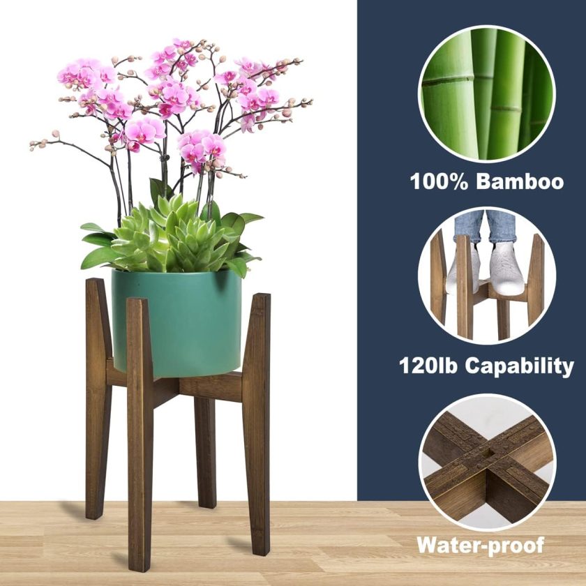 Adjustable Plant Stand, Bamboo Mid Century Modern Indoor Plants Stands, Corner Flower Holder for Living Room, Fits 8 to 12 Inches Pots, (Pot & Plant Not Included)(Walnut, 1 Pack) - Image 2