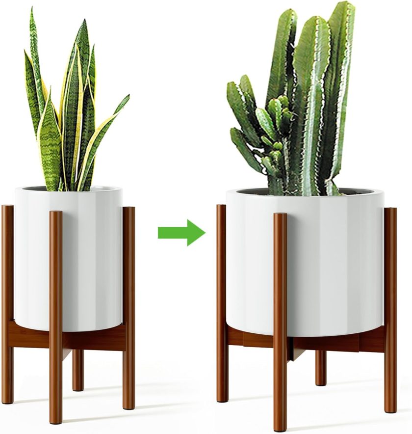 Adjustable Plant Stand for Indoor, Bamboo Plant Stand for 8 9 10 11 12 Inches Pot, Single Tier Flower and Planter Holder Floor Stand, Pot Not Included, Dark Brown