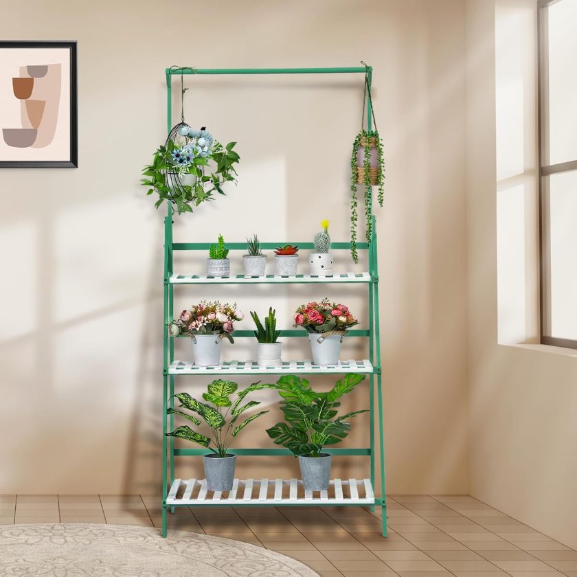 28" Bamboo Ladder Plant Stand with Adjustable Hanging Rod, Indoor Outdoor 3 Tiers Flower Pot Display Shelf Rack, Freestanding Foldable Plant Holder Plants Shelves for Home Garden - Image 2