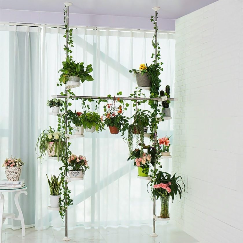 Indoor Plant Stands Spring Double Tension Pole Metal Flower Display Rack Space Saver Corner Floral Pot Storage Shelf with 12 Trays, 2 Hooks & 1 Telescopic Rod for Clothes Drying Hanger, Ivory - Image 2
