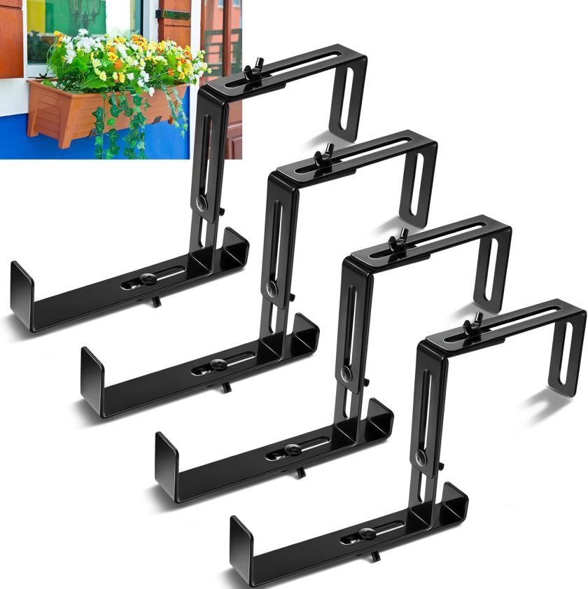 4 Pcs Window Boxes Brackets Adjustable Planter Box Bracket Heavy Duty Deck Railing Hanging Flower Stand for Windowsill Garden Fence Balcony (Black)
