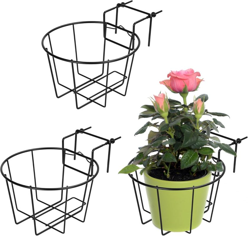 10 Inch Railing Planter - Fit for 1.5 to 3.5 Inches Railing - Adjustable Hanging Planters Outdoor Balcony Deck Flower Pot Holder Metal Baskets for Garden Orchid, Patio Ledge, 3 Pack, Black
