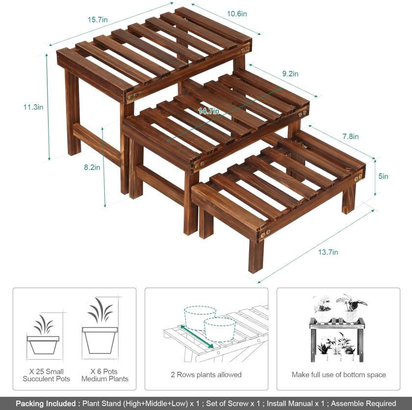 3 Tiered Small Plant Stands Shelf Indoor Outdoor,Wood Flower Pot Stand Holders Rack,Freestanding Corner Ladder Shelves for Plants Succulent Cactus,on Patio,Desktop,Window - Image 2