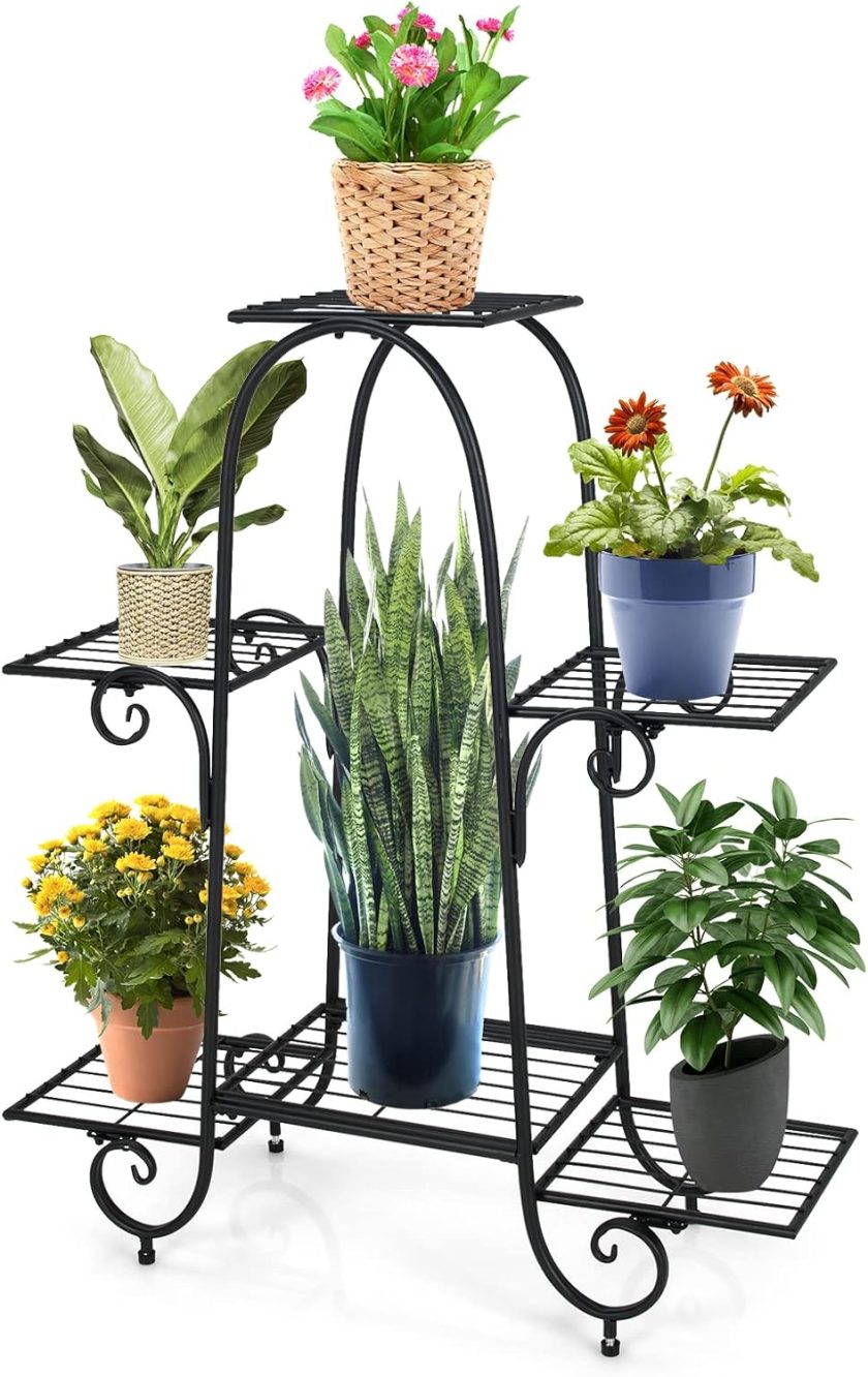 6-Tier Plant Stand Indoor, Metal Flower Pot Holder with Adjustable Foot Pads, Slatted Support Panel & Elevated Base, Tall Plant Shelf Display Rack for Garden Patio Balcony Corner Living Room