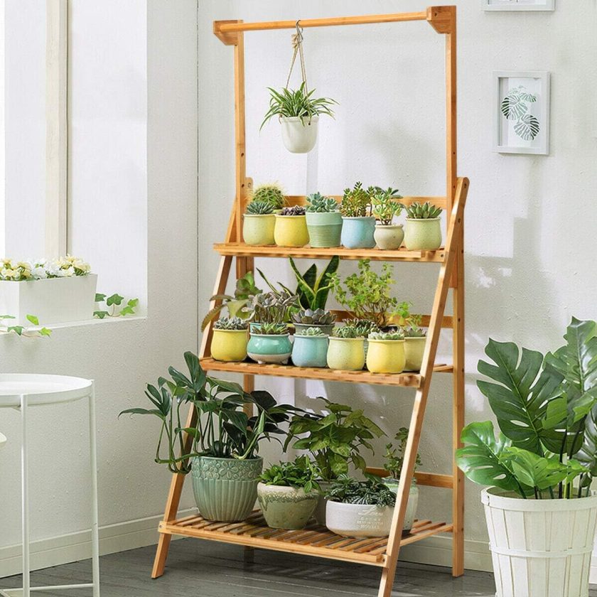 3-Tier Hanging Plant Stand Storage Shelf, Folding Flower Pot Organizer Display Storage Rack, Adjustable Hanger Rod, Bamboo Planters Shelves Potted Holder for Patio Garden Balcony Bathroom - Image 2