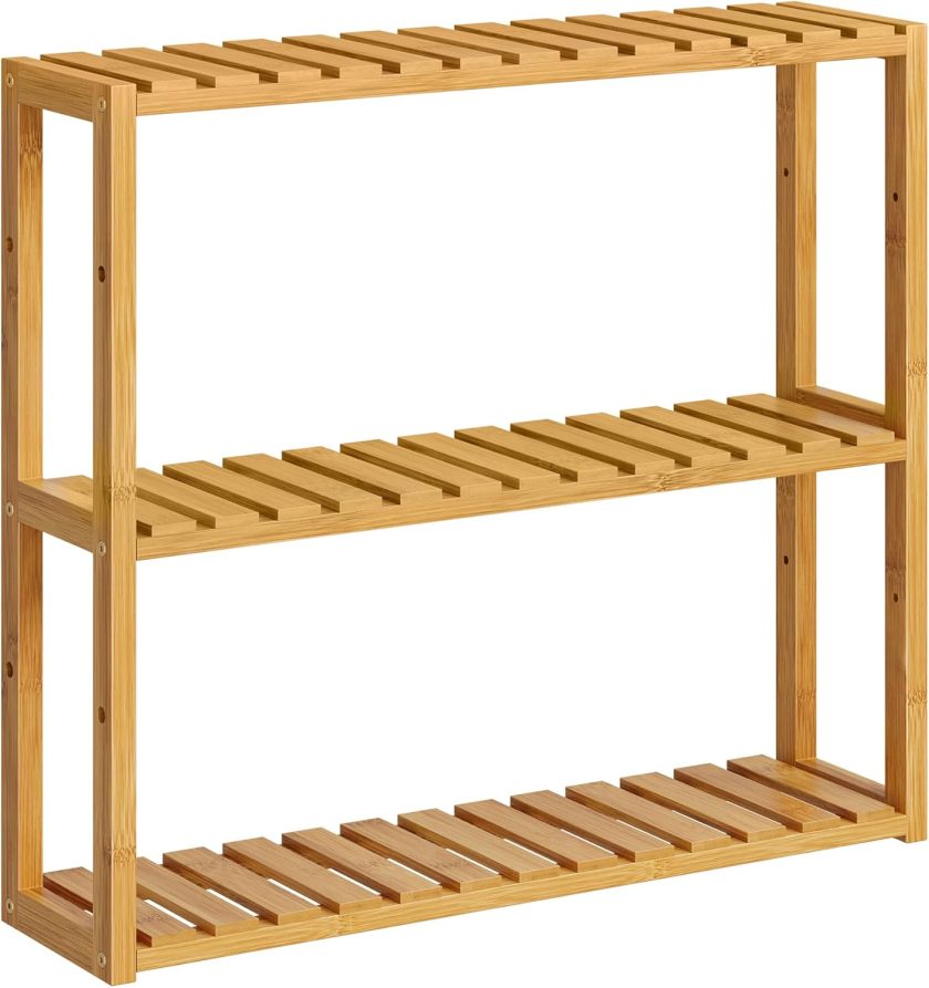 Bamboo Bathroom Shelf, 3-Tier Adjustable Plants Rack, Wall-Mounted or Stand, in the Living Room, Balcony, Kitchen, 5.9 x 23.6 x 21.3 Inches, Natural