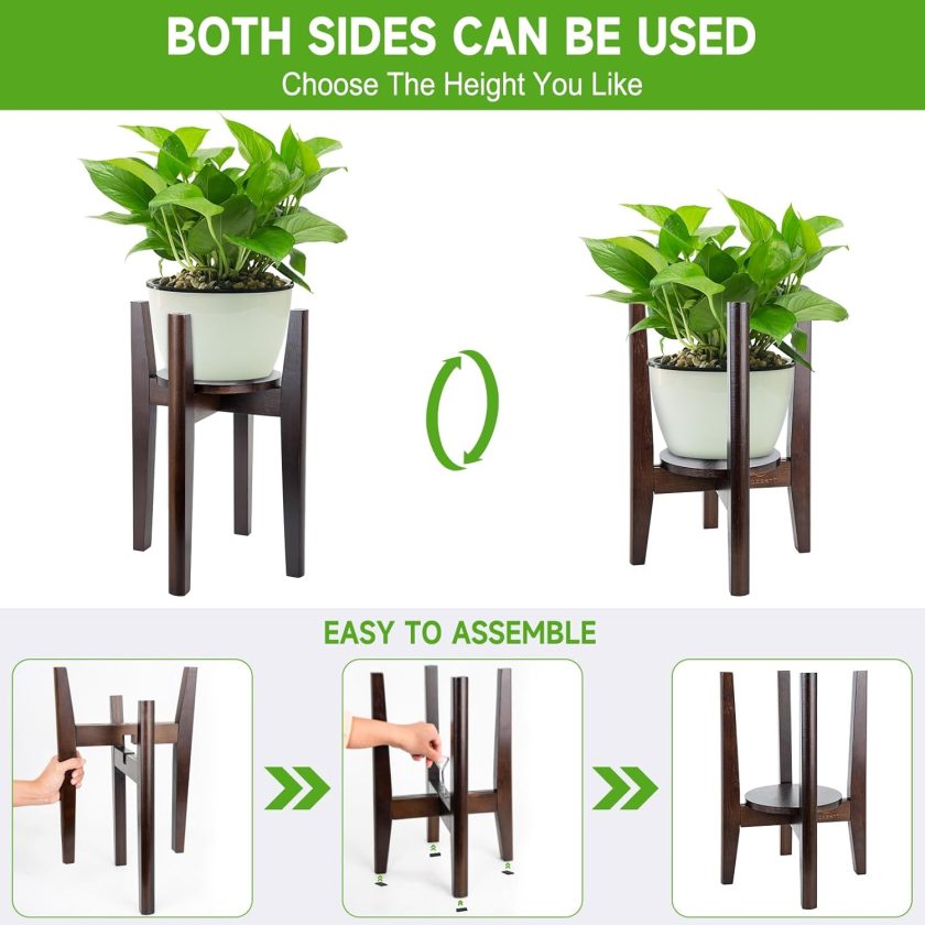 Adjustable Plant Stand with Tray,Indoor Wood Plant Stand Fit 8'' to 12'' Planter,Mid Century Modern Flower Pot Holder Rack(Plant and Pot Not Included) - Image 2