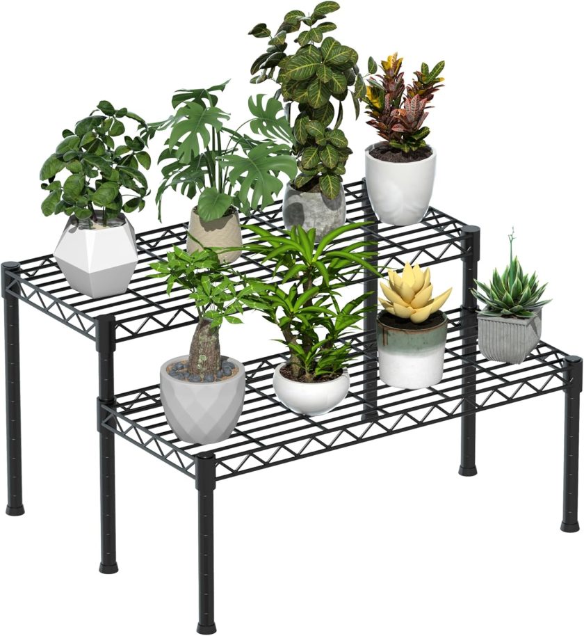2 Tier Ladder Potted Multiple Plants for Indoor and Outdoor Plant Stands, Adjustable Shelves and Multifunctional Plant Racks suitable for living room balconies and gardens,(Black)