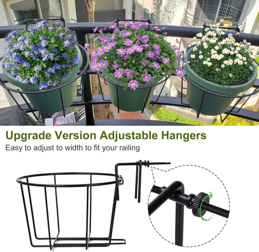 10 Inch Railing Planter - Fit for 1.5 to 3.5 Inches Railing - Adjustable Hanging Planters Outdoor Balcony Deck Flower Pot Holder Metal Baskets for Garden Orchid, Patio Ledge, 3 Pack, Black - Image 2