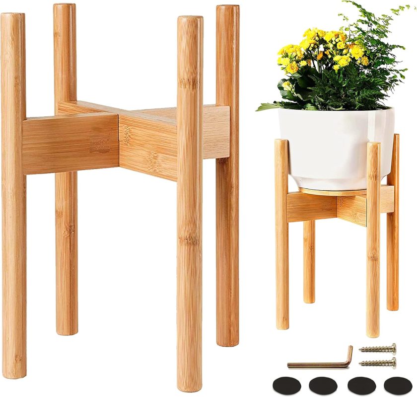 Plant Stand for Indoor - Adjustable Sideways to fit 8 10 or 12 Inch-wide Medium-Large Planter Pots of Live and Fake Floor Plants [Leg14-inch Tall] - Bamboo Wood